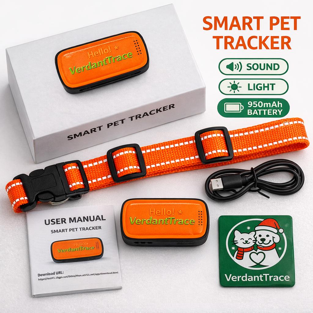 VerdantTrace 4G GPS Pet Tracker Waterproof Dog Cat Anti-Lost Locator Collar Find Device Light Sound Search No Subscription VTG2