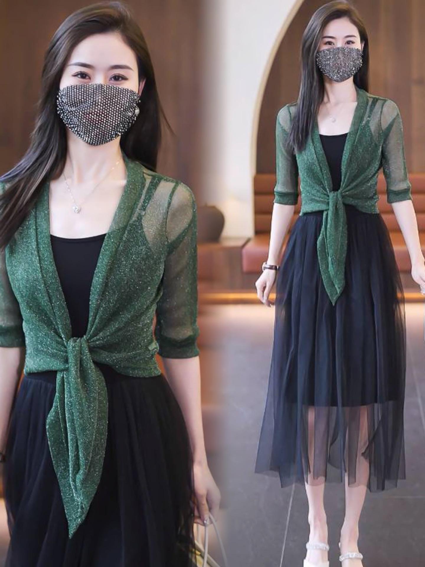 

Женский летний кардиган-шаль из золотистого и серебристого кружева - Накидка для защиты от солнца 60-80 cm зелёный