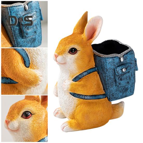 Rabbit Pen Holder Resin Bunny Figurine with Open Backpack Pencil Holder Decorative Rabbit Desk Organizer for Pens Pencils Makeup Brushes
