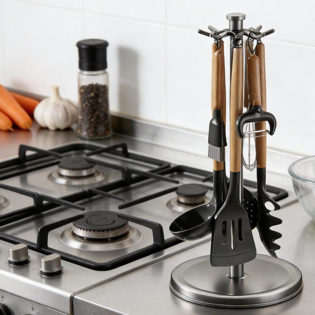 Rotating Utensil Holder with 8 Hooks 360-degree Rotation Cookware Holder Spoon Organizer Stirring Rod Organizer Rack for Kitchen