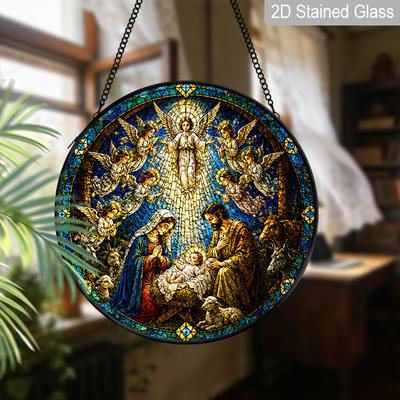 1pc 2D Flat Religious Stained Glass Suncatcher, 6.3/7.87 Inch Nativity Scene Glass Hanging Ornament, Religious Christmas Decor, Angel Stained Glass