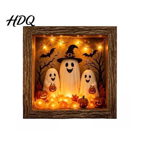 Gothic Shadow Box Night Light DIY Lighted Halloween Ghost Kit Wooden Frame LED Warm Light Crystal Glass Display Case Memory with Panel Decorative