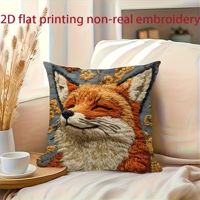 Federa per Cuscino Volpe Sorridente Stampa Ricamo Finto 2D Animale Carino del Bosco Floreale Federa per Cuscino per Divano Letto Divano Arredamento Accogliente per la Casa