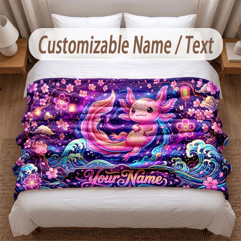 Axolotl Theme Soft Blanket Personalized Custom Name Text Print Warm Blanket Home Sofa Bedroom Decor