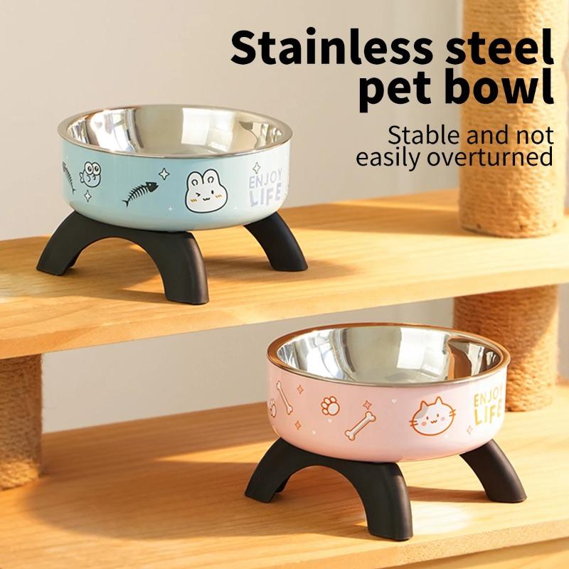 A cartoon printed high-legged pet bowl, large-capacity stainless steel dog bowl, neck-protecting cat bowl, universal fashion and