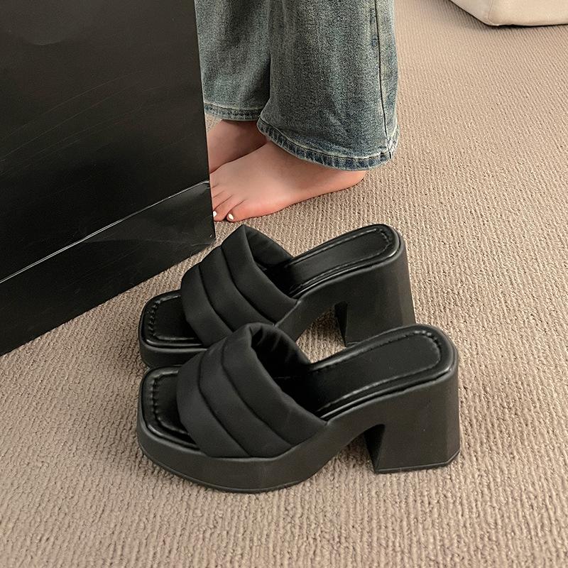 Waterproof Table Thick-soled Cool Slippers, Women's Ins Trendy Outer Wear One-word Slippers, New Thick-heeled High-heeled Shoes In Summer