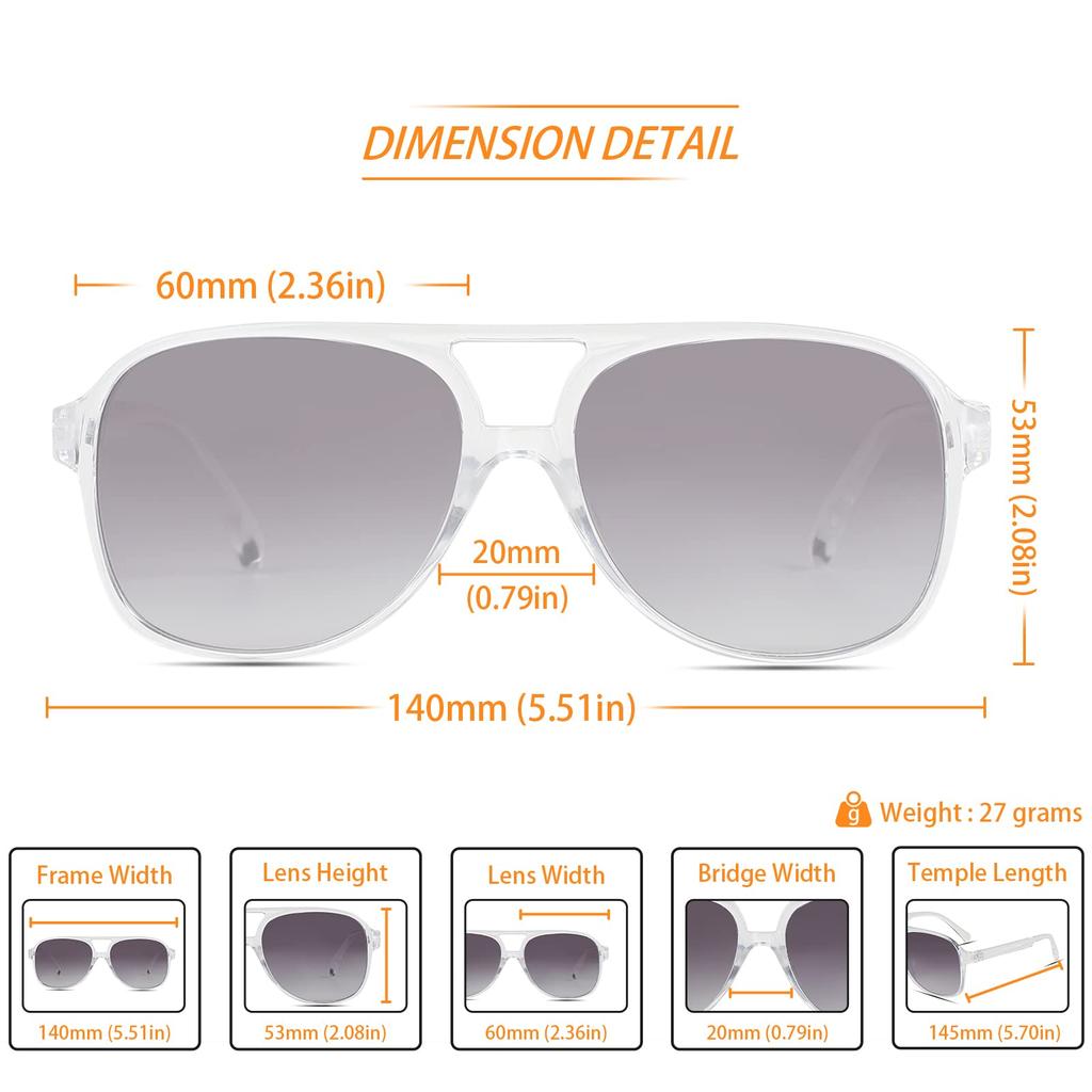 Freckles Mark Vintage Retro 70s Sunglasses for Men and Classic Large Square Aviator Trendy Oversize Women, Glasses, Clear,