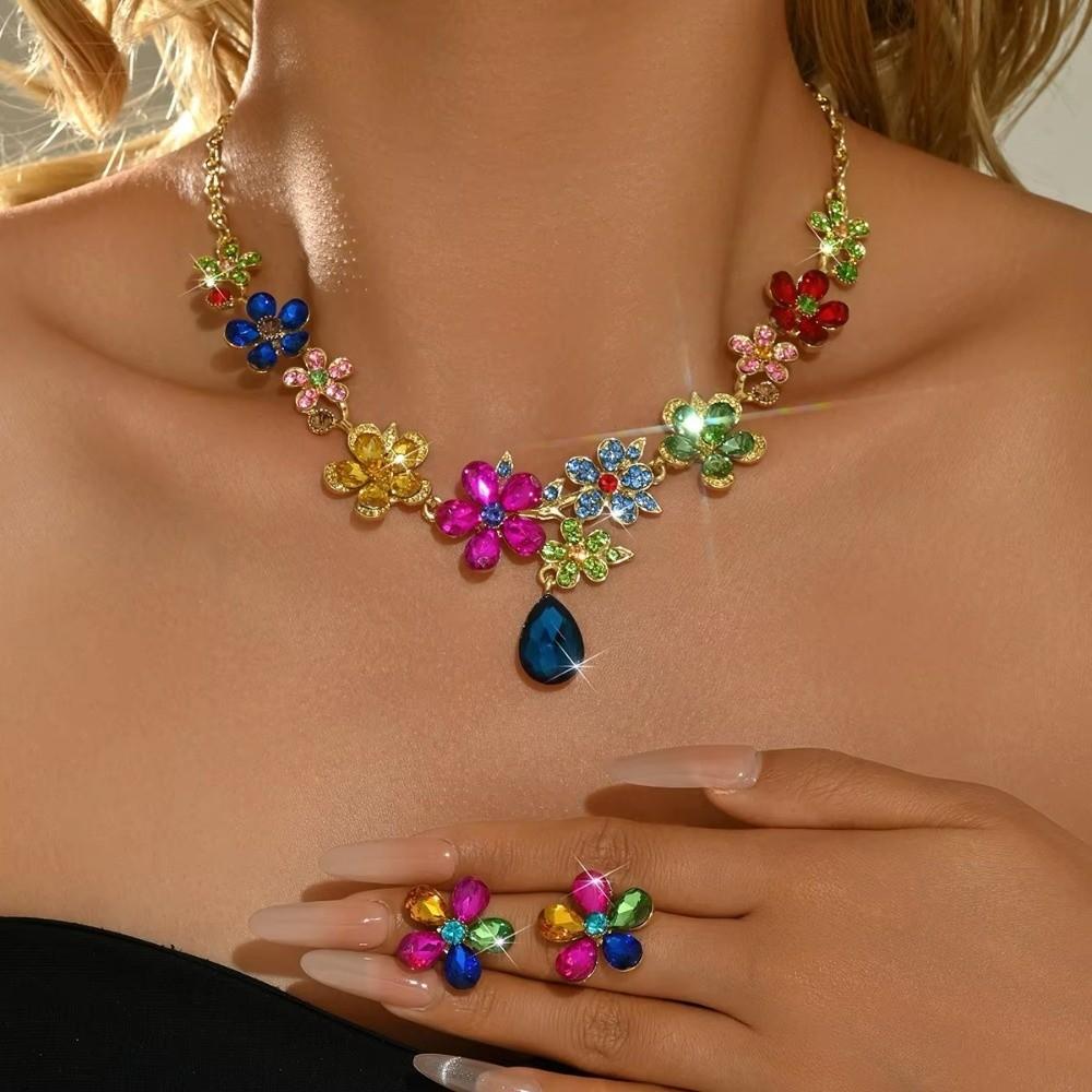 Exquisite Necklace Earrings Set Crystal Flowers Women Jewelry Set Flower Pendant Necklace  Women