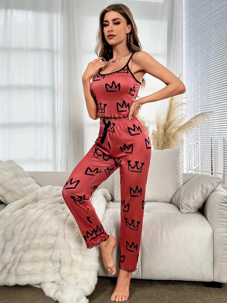Pyjama-Set mit Kronenprint - Sexy Stil, ärmelloses Spaghetti-Träger-Top & lange Hose mit Schleifendetail, sexy Pyjama-Set