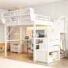 Loft Bed (140 x 200 cm), Metal Bed with LED Light Strip, Long Desk, Safety Ladder and Flexible Storage – Universal Bed for Adults and Children White