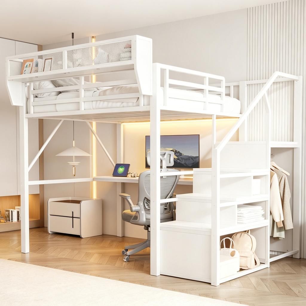 Loft Bed (140 x 200 cm), Metal Bed with LED Light Strip, Long Desk, Safety Ladder and Flexible Storage – Universal Bed for Adults and Children White