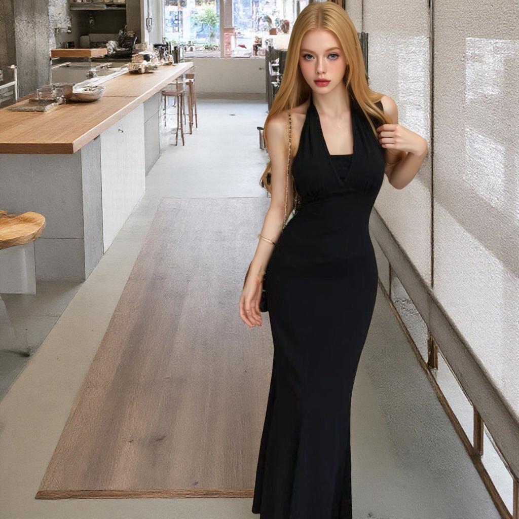Celebrity chain neck strap evening dress suspender skirt women's summer pure desire sexy backless waist dress