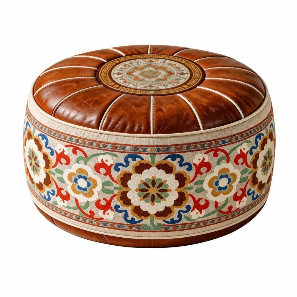 Besticktes Muster Füllbarer Ottoman Hocker PU-Leder Runder Hockerbezug Boden Sitzkissen Für den Heimgebrauch