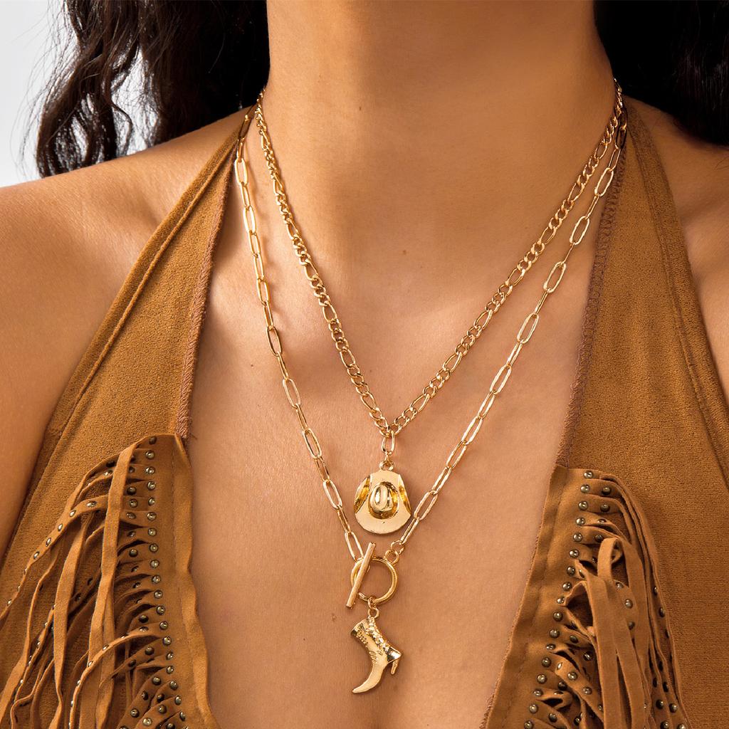 3Pcs/Set Vintage Hat Cowboy Boot Pendant Necklace for Women Bohemian Blue Stone Beads Chain Choker Daily Jewelry Y2K Accessories