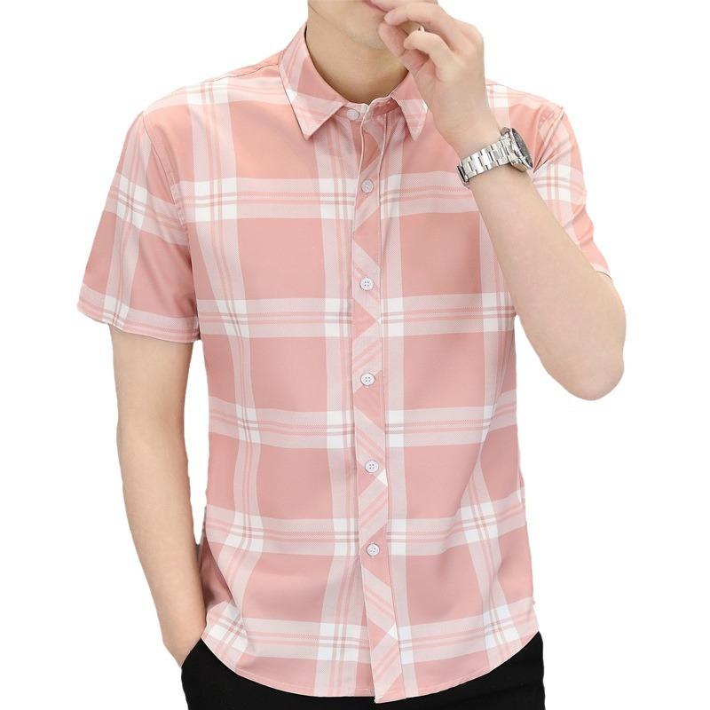 Summer Short-sleeved Shirt Men's Plaid Shirt Workwear Gangster Handsome Men's Ice Silk Casual Inch Shirt Tops