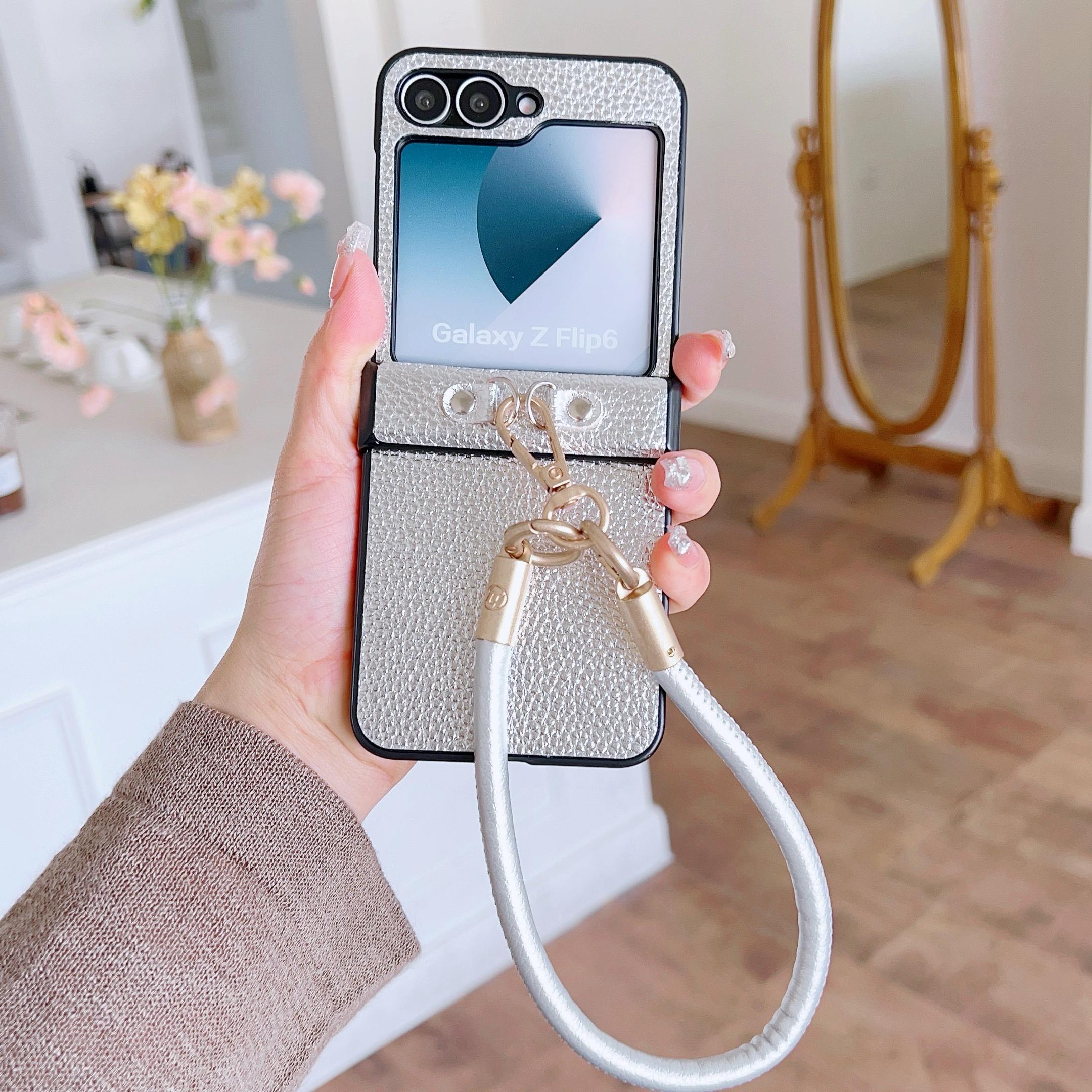

For Samsung Galaxy Z Flip6 5G Case Litchi Texture PU+PC Phone Back Cover with Strap Silver