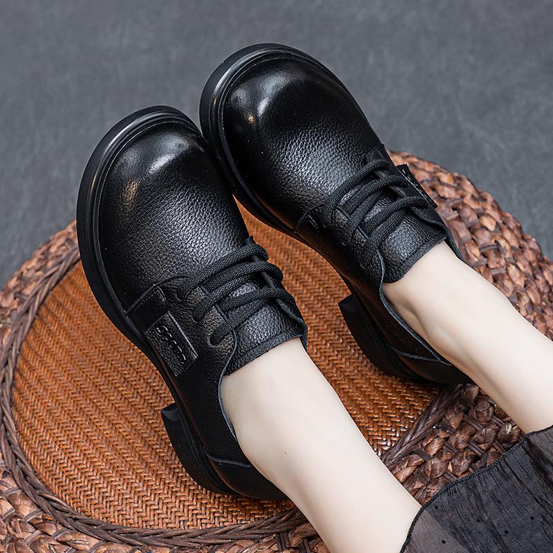 Autumn Women's Single Shoes Lace-Up Soft Cowhide Shoes Thick Mid-Heel Soft Sole All Season Deep Mouth Shoes
