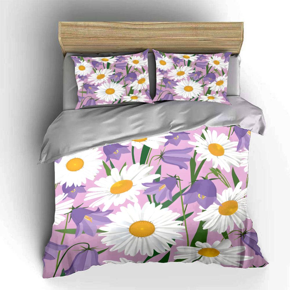 Purple Bellflowers and White Daisies Bedding Set for Kids Luxury Gift 3pcs Digital Print Comforter Set Soft Comfortable