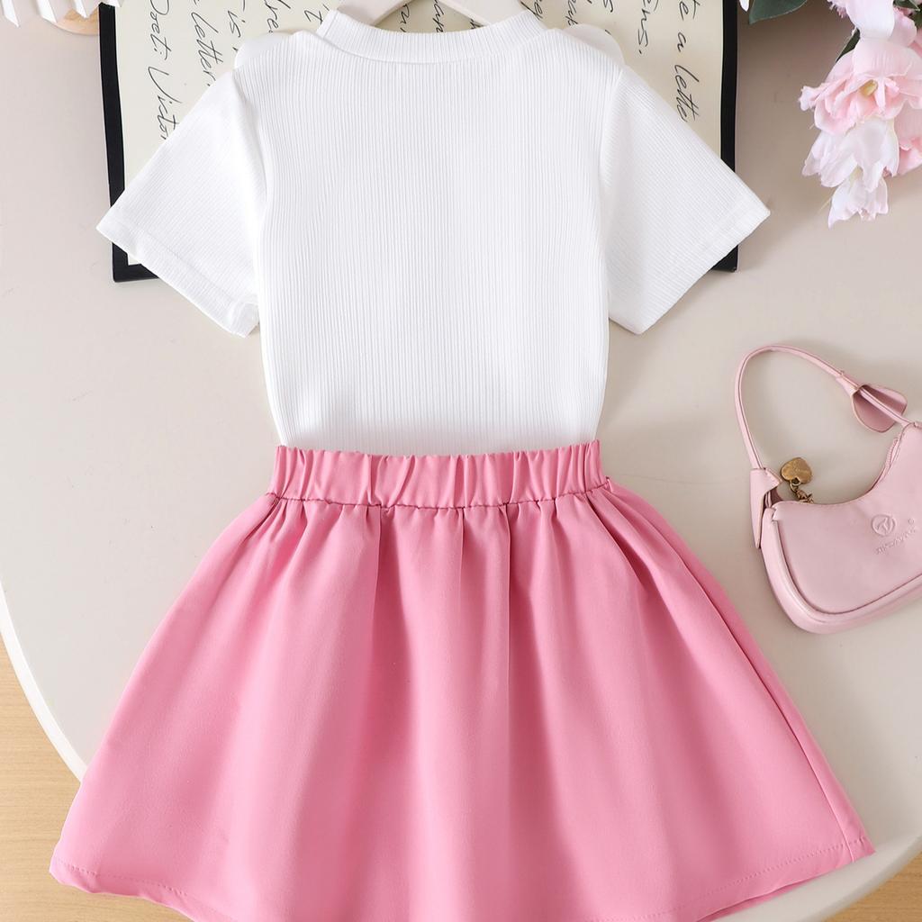 Girls' Fashion Set - Summer Children's Princess White Short-Sleeved T-shirt and Pink Short Skirt Set