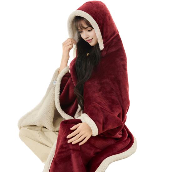 

Кейп-одеяло Плюшевый кейп с капюшоном и застежкой на пуговицу Двустороннее тепло Белая отделка Одеяло-кейп для комфортного сна в офисе вино красного