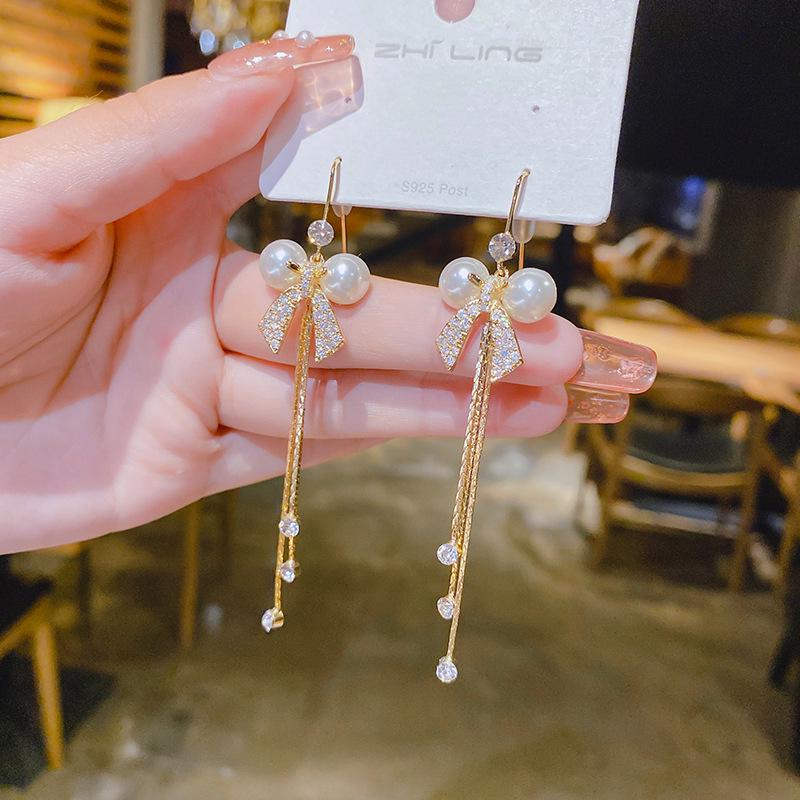 Real Gold-Plated Bow Pearl Zirconia Tassel Earrings with S925 Silver Needle Electroplated
