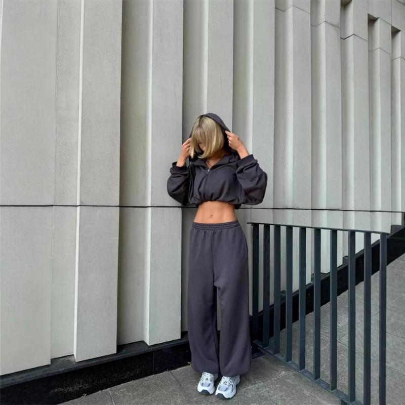 Womens 2025 Casual Hooded Long Sleeve Top Pants Set Solid Color Streetwear Two-Piece Outfit