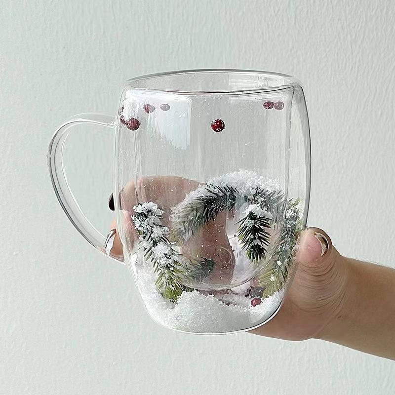 Borosilicate Double-Wall Glass Mug Christmas Snow Scene Pine Tree Design Heat-Resistant 350ml Coffee Cup with Handle