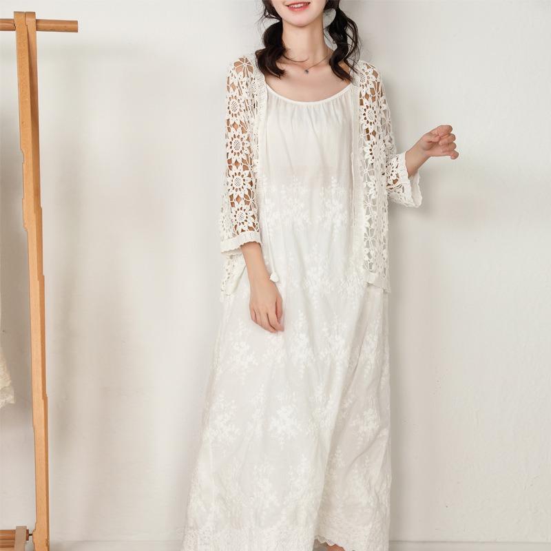 Spring/summer Day Mori Woman Fresh Sweet Solid Color Dress Embroidered Loose Waist with Waistband Base Long Dress