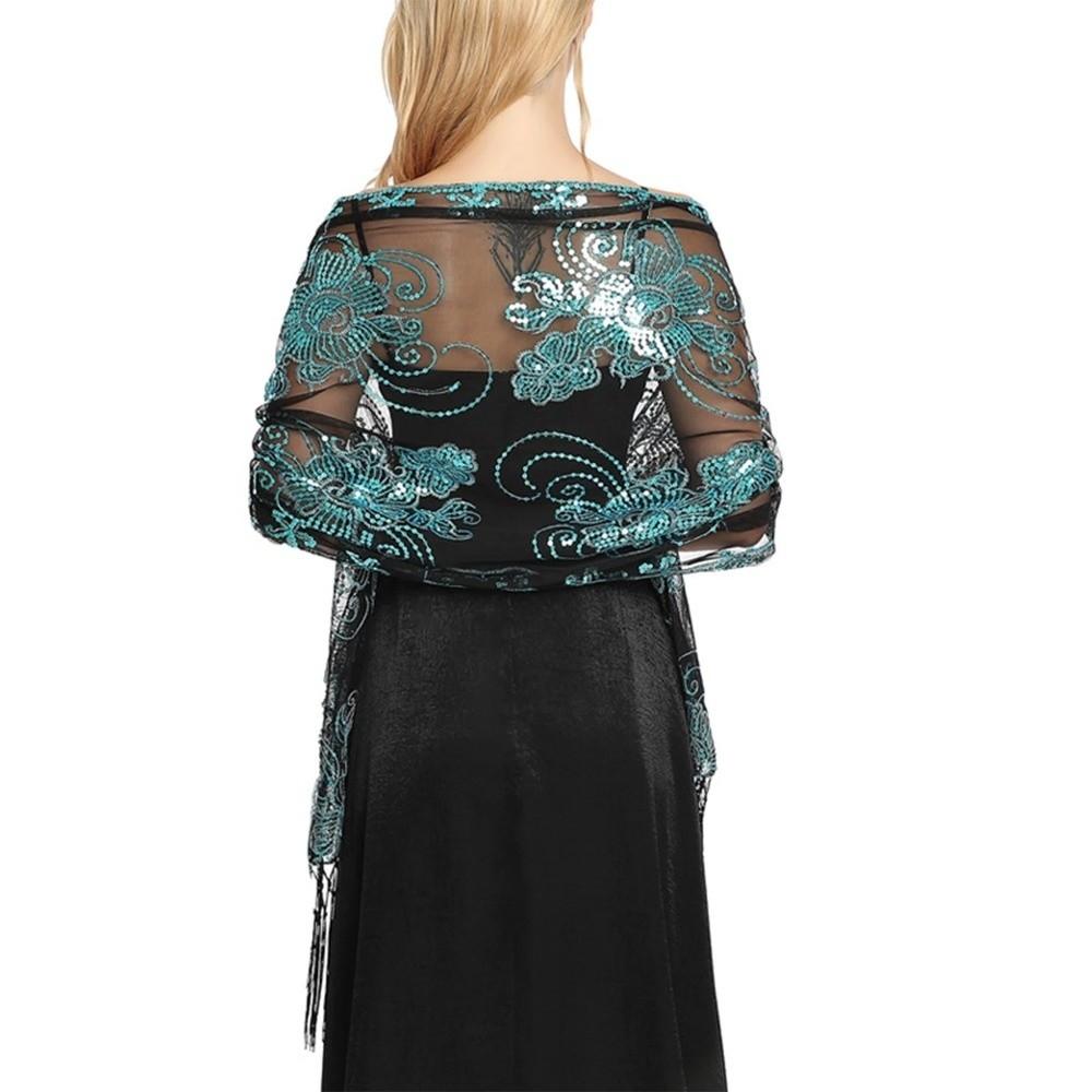 Women Evening Dress Wedding Shawl Solid Color Tassel Party Shawl Scarf Sequined Flower Chiffon Silky Scarf