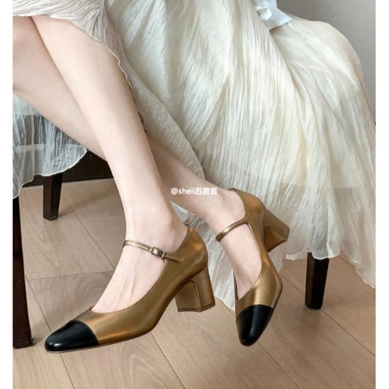 [] Heel height cm~ color matching lambskin thick heel Mary Jane single shoes women's commuting ol