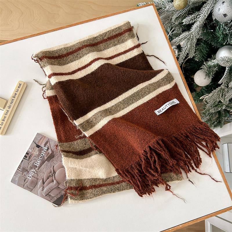 

Вязаный шарф в полоску с цветными блоками для женщин зимой с чувством роскоши, модной атмосферой, теплым шарфом с кисточками 200*30cm