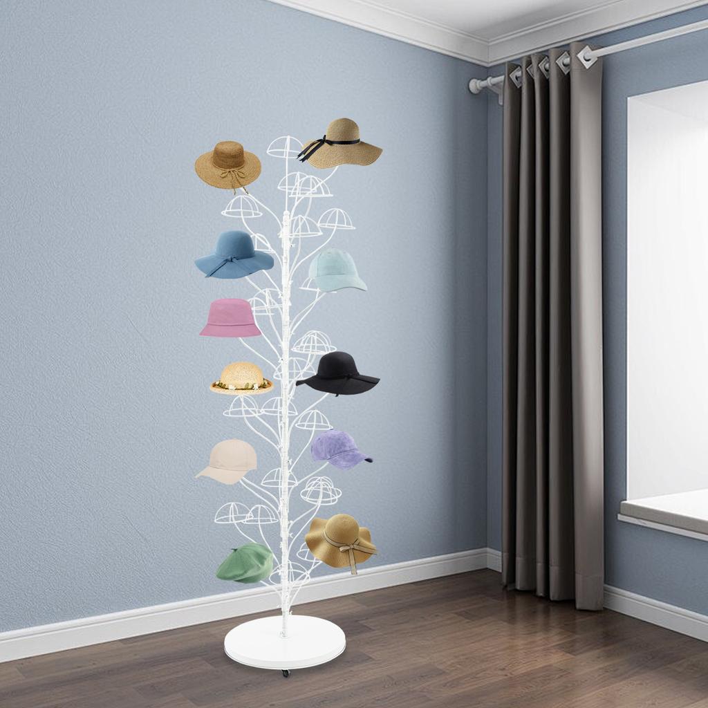 35-Hanger Rolling Hat Display Stand, White Floor-Standing Wig Cap Rack with Wheels - Adjustable 175cm Commercial Hat Holder