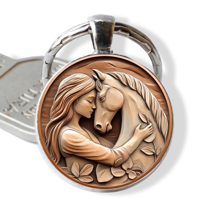 Wooden Style Girl And Horse Keyring With Zinc Alloy For Birthday And Special Occasion