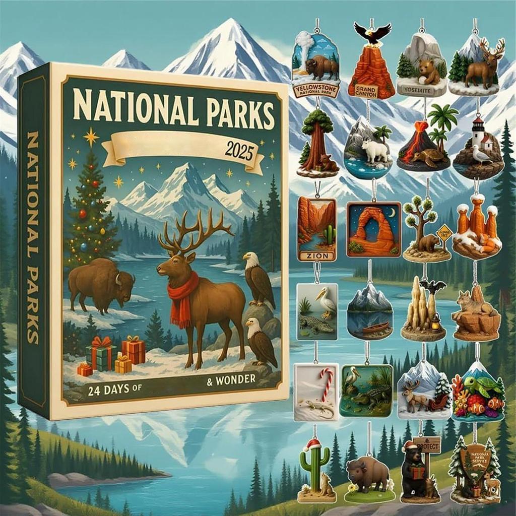 Christmas Ornament Countdown Cute Acrylic Calendars with 2D Flat Figures Toys 24 Day Festive Decor with National Parks Themes