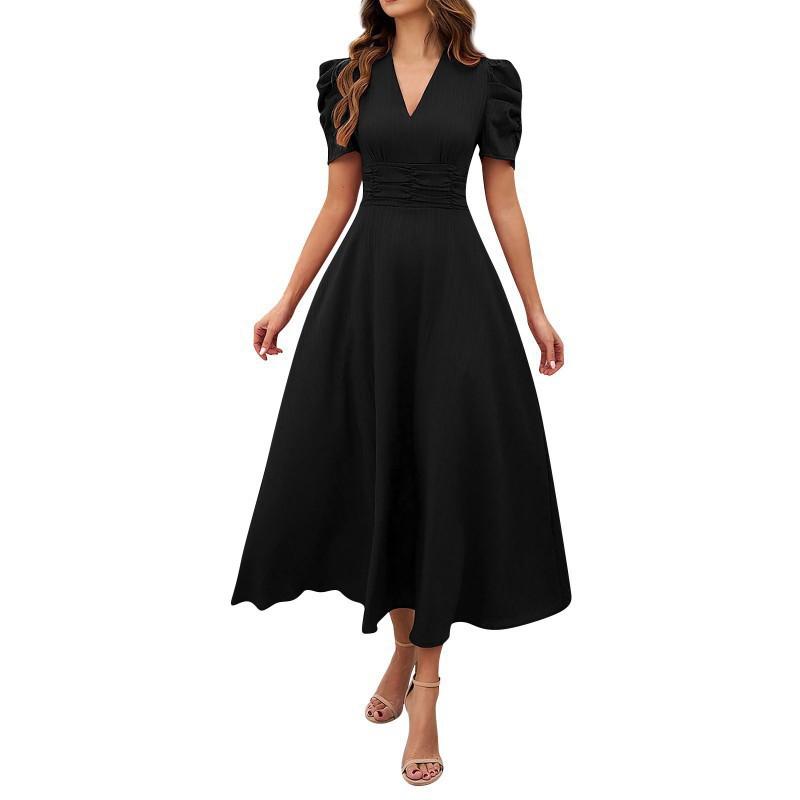 2026 Women's Fashionable Temperament High-waist Solid Color Waist-closing Short-sleeved Dress