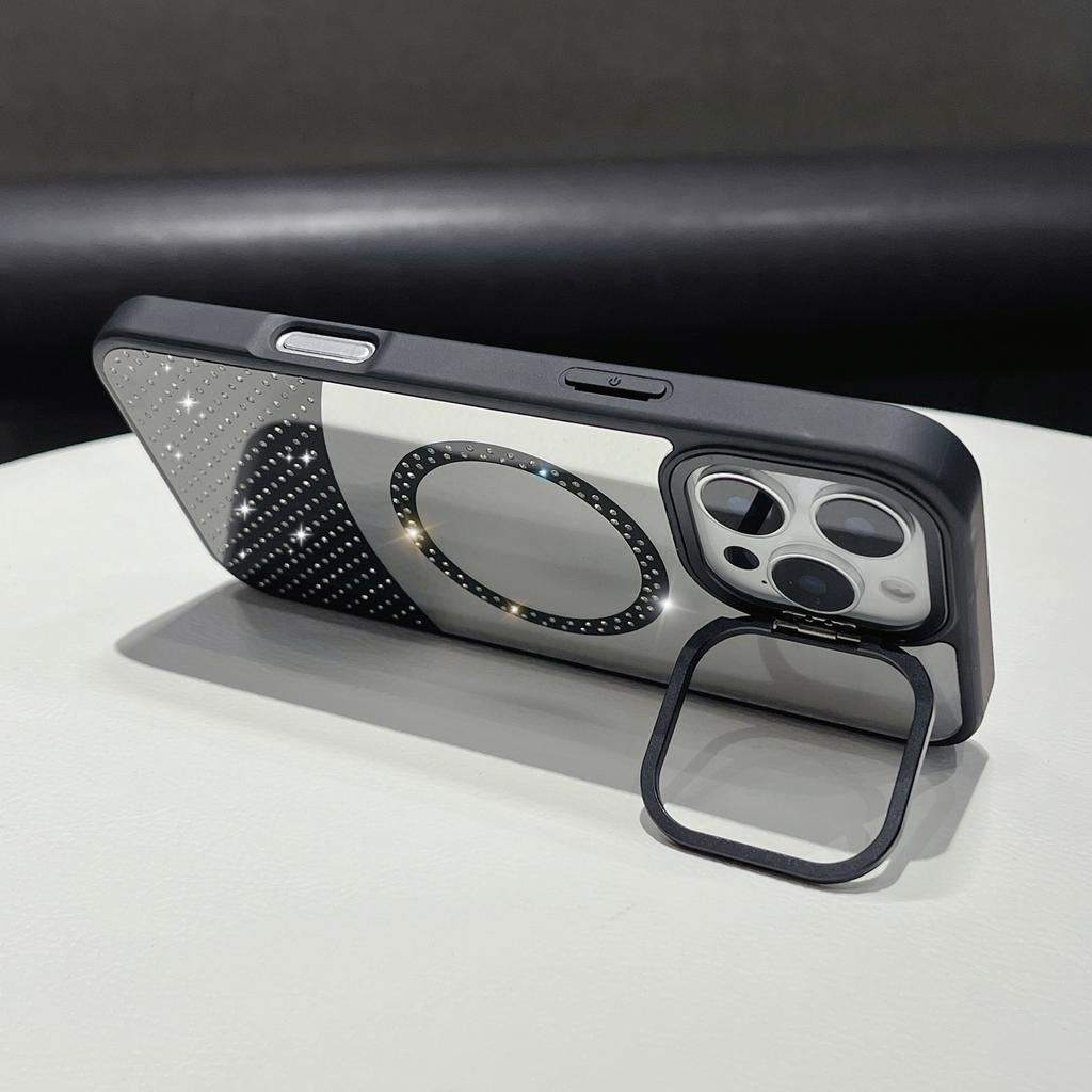 For iPhone 16 Pro Max Magnetic Case Mirror Surface TPU+PC Phone Cover with Lens Frame Kickstand