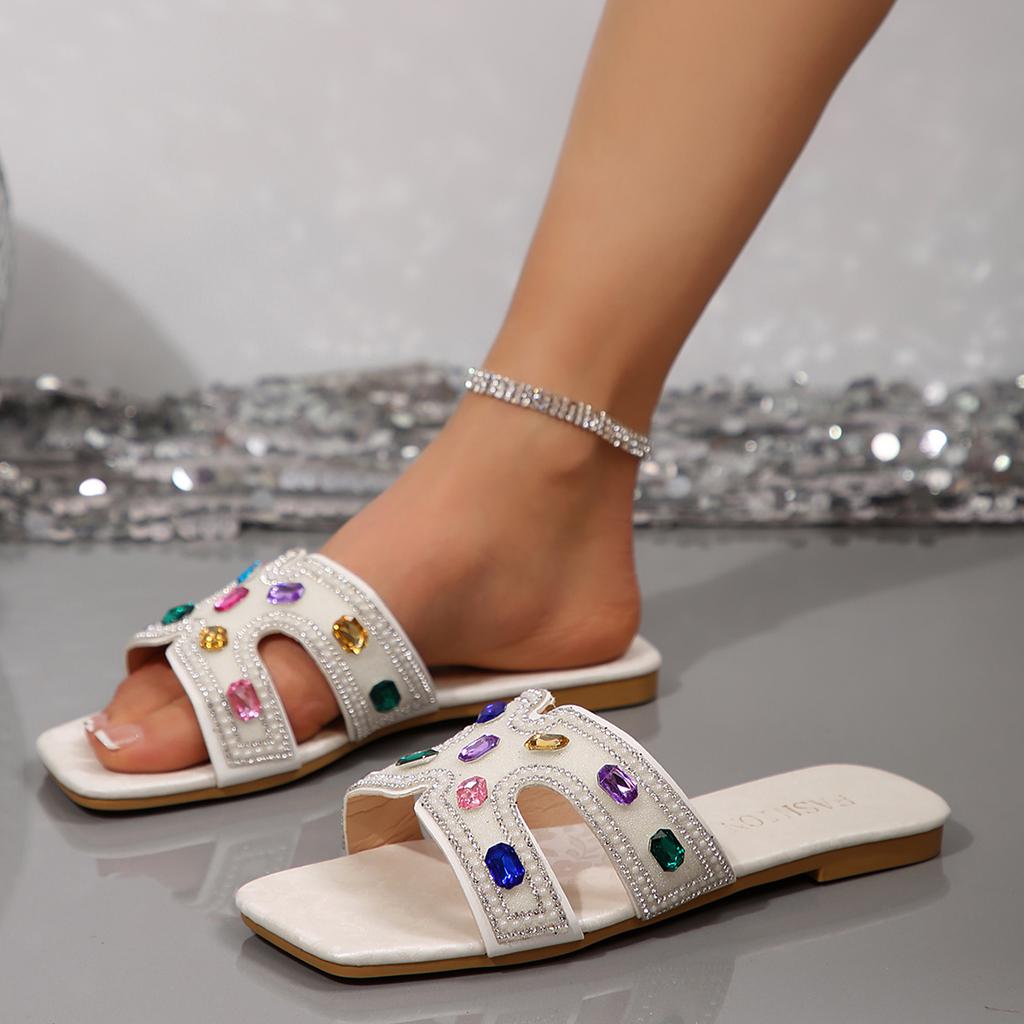 Women Slippers Summer Casual Home Shoes Fashionable Versatile Sandals Rhinestone Flat Slippers Slides Women Zapatos De Mujer