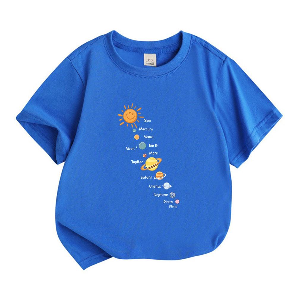 Kids Boys Girls 100% Cotton Crew Neck Short Sleeve T-Shirt, Cute Cartoon Solar System Sun Planets Print Casual Soft Breathable Tee for Children Daily
