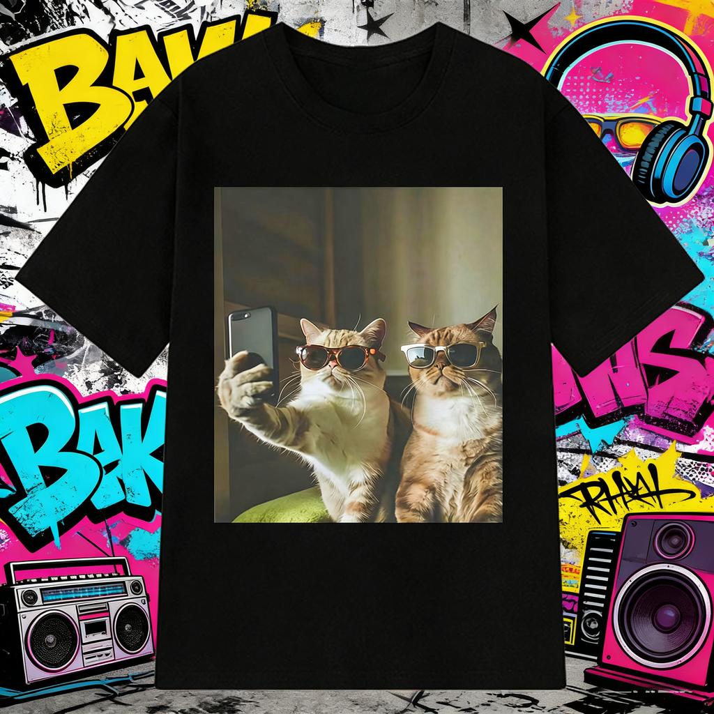 2026 Summer Cotton Tee Selfie Cool Cats Funny Meme Graphic Unisex Women Plus Size Loose Casual Hip Hop Streetwear Breathable Top