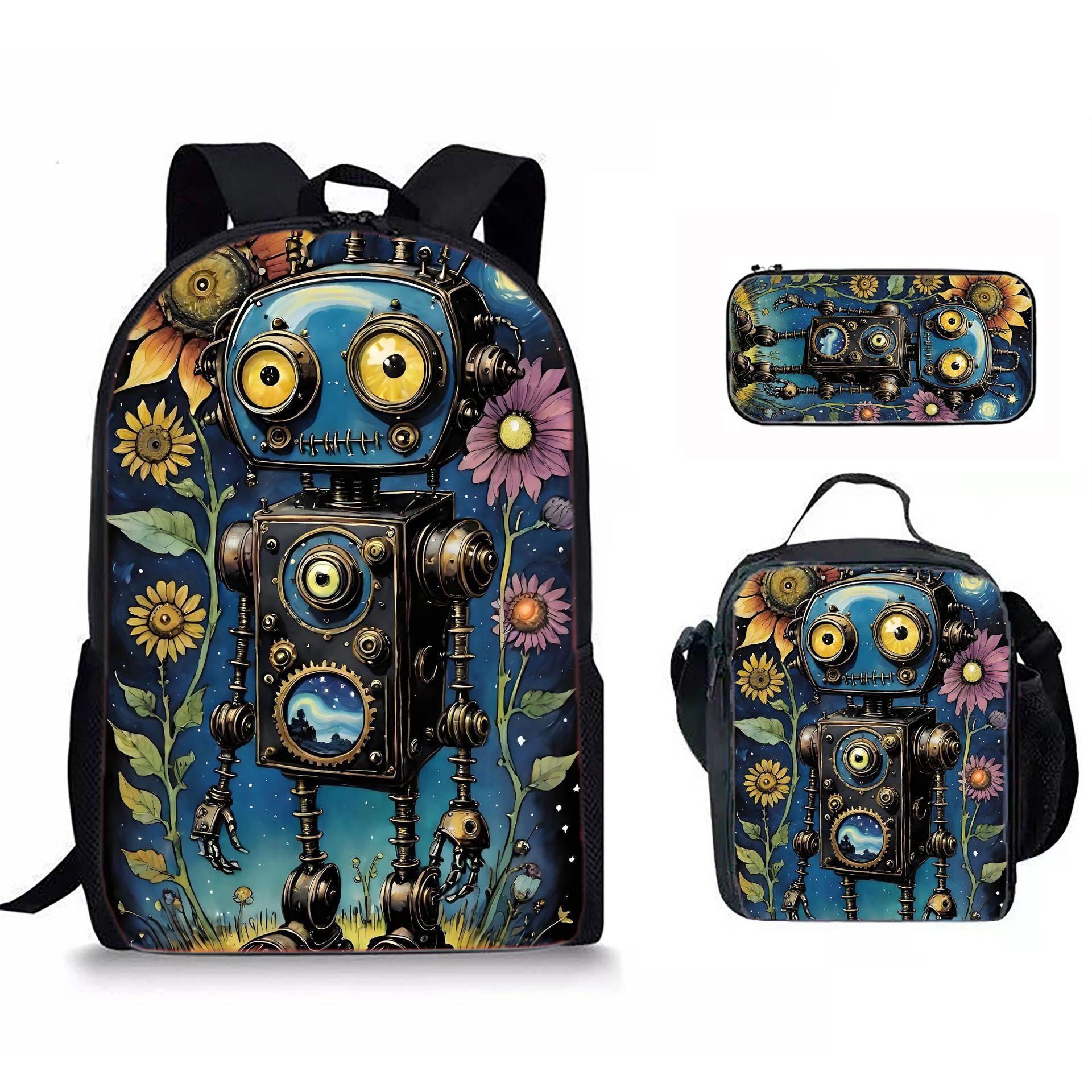 Klassiek Populair Grappig Retro Robot 3D Print 3 stuks/Set leerling Schooltassen Laptop Dagrugzak Rugzak Crossbody Lunchtas Etui black