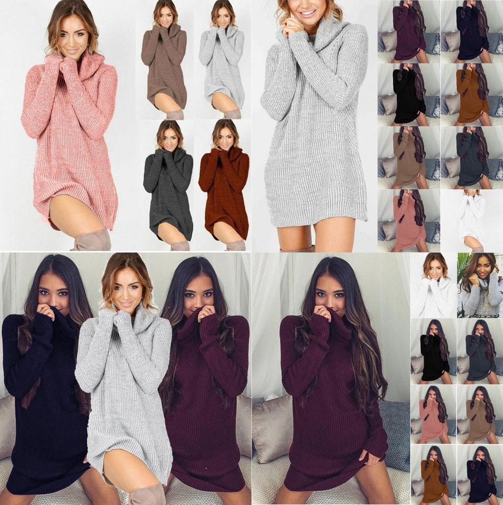 Eleganter Damen Warmer Strickpullover Mini Kleid mit Rollkragen Grober Pullover Top