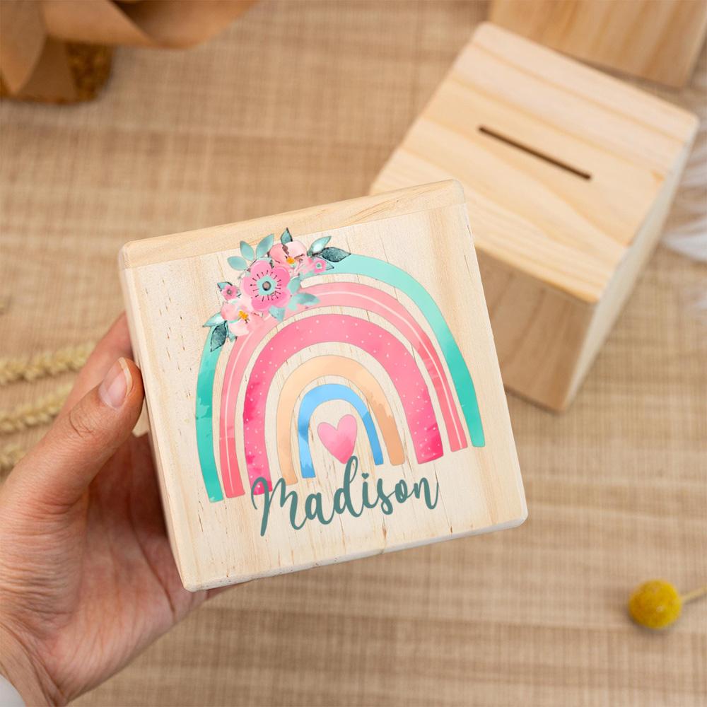 Personalized Wooden Piggy Bank, Gift for School Enrollment, Custom Name Coin Bank, Cube Wooden Animal Money Box, Birthd
