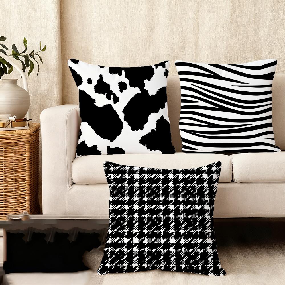 Black And White Style Cushion Cover Soft Plush Fabric Double-Sided Printed Sofa Cushion Cover For All Seasons Home Decor Gift