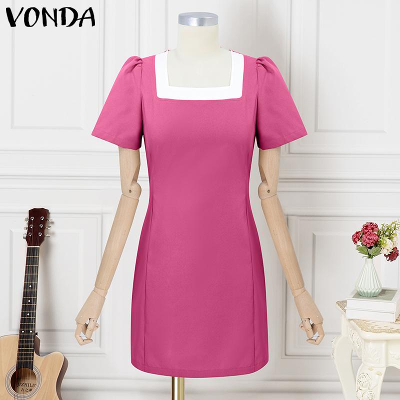 

VONDA Women Square Collar Short Sleeve Stitching Pocket Casual Thigh Length Dress 5XL темно-розовый