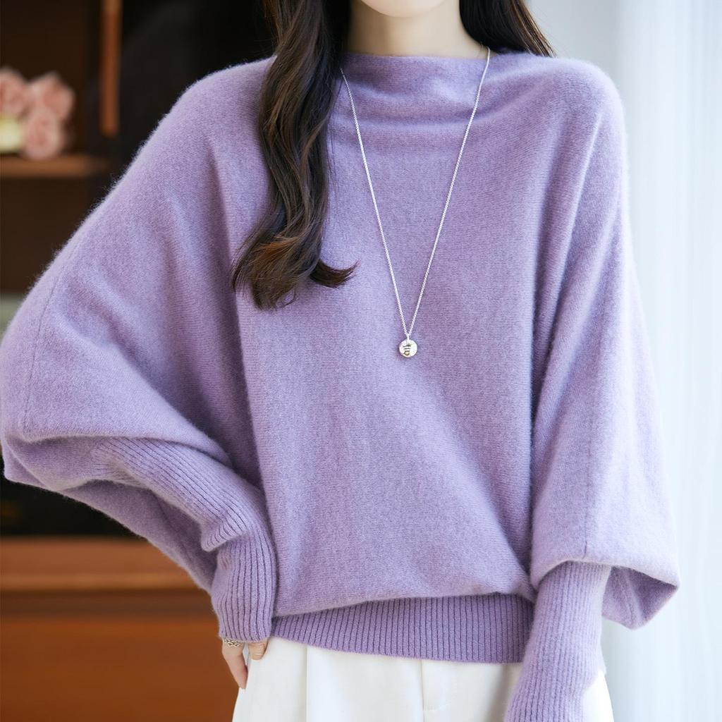 Women's Fashionable 100% Pure Wool Cashmere One-Shoulder Sweater with Batwing Sleeves - Autumn & Winter Style