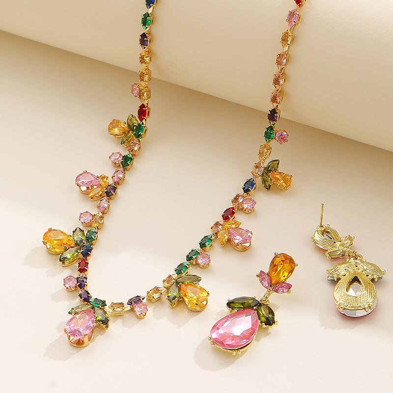Colorful Zircon Flower Water Drop Charm Necklace Jewelry Sets for Women Elegant Earrings High-End Bestie Gift Accessories