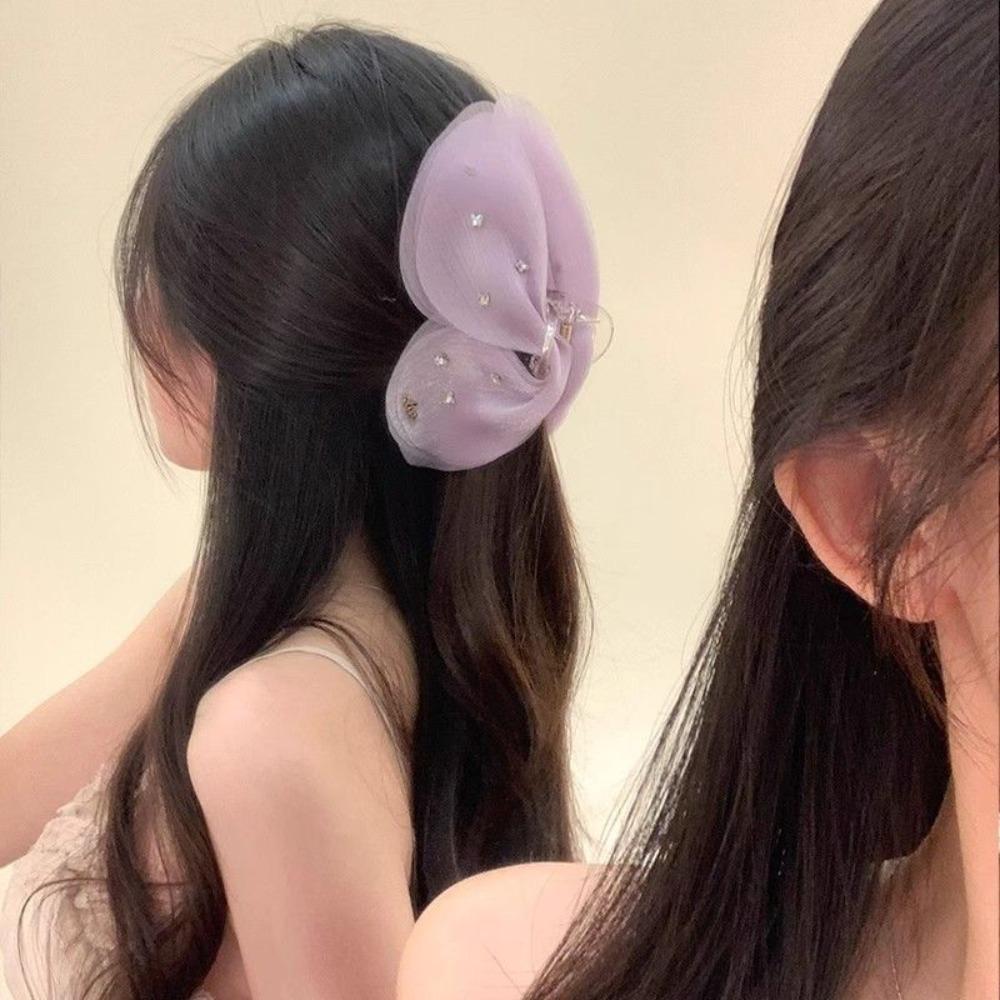 Cloth Rhinestone Mesh Shark Clip Korean Style Women Hairgrips Butterfly Petals Hair Claw  Women