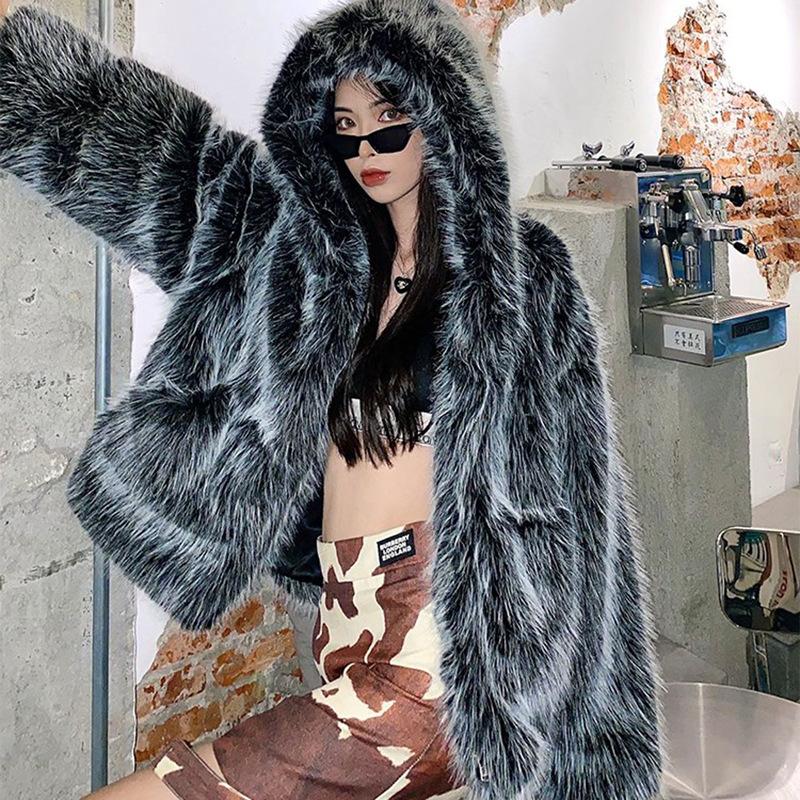 ew imitation fox fur hooded coat women's winter loose wool warm lamb wool coat