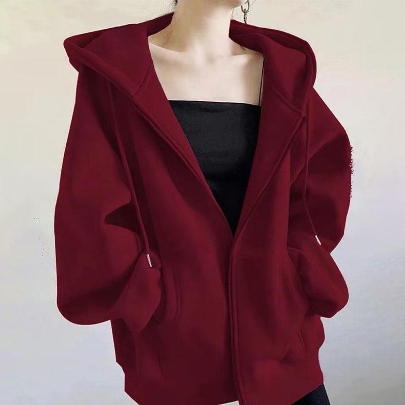 Autumn Winter Women's Fleece Sweatshirt Thickened Hooded Zip-up Loose Sweatshirt