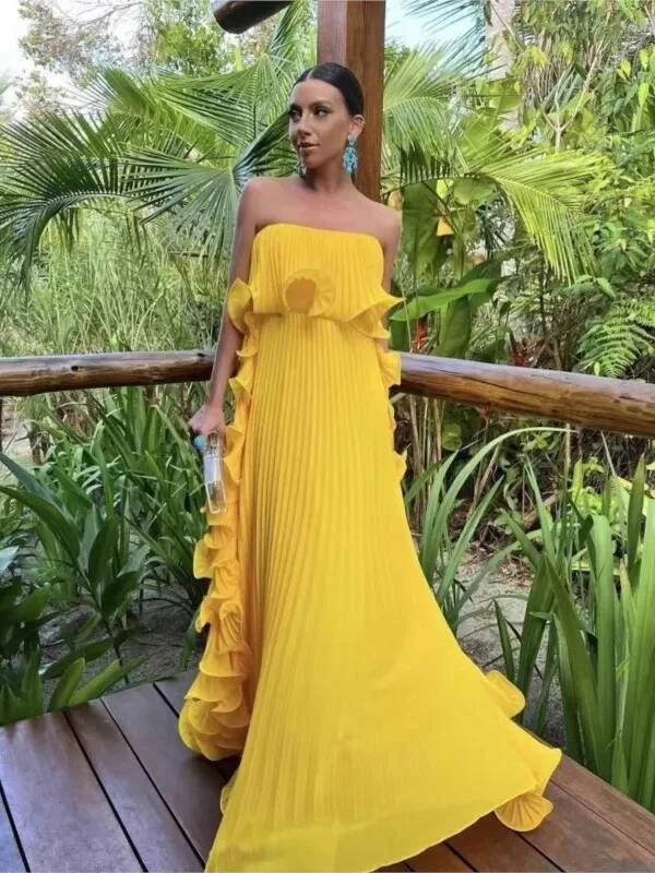 Women Summer Holiday Dress Orange Pleated Chiffon Long Formal Dresses Custom Made Ruffled Strapless Beach Party Dress U99Z